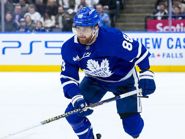 TORONTO, CANADA - MARCH 2: William Nylander #88 of the Toronto Maple Leafs skates against the Philadelphia Flyers at the Scotiabank Arena on March 2, 2026 in Toronto, Ontario, Canada.