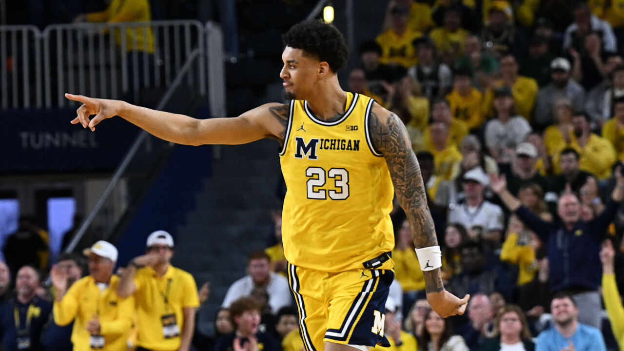 ANN ARBOR, MI - MARCH 08: Michigan Wolverines forward Yaxel Lendeborg (23) celebrates a three point shot during the Michigan Wolverines versus the Michigan State Spartans game on Sunday March 8, 2026 at Crisler Arena in Ann Arbor, MI.