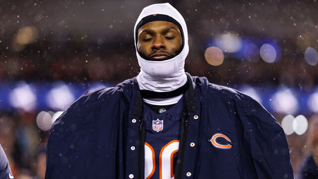 CHICAGO, ILLINOIS - JANUARY 18: Nahshon Wright #26 of the Chicago Bears stands on the sidelines during the national anthem prior to an NFL divisional playoff game against the Los Angeles Rams at Soldier Field on January 18, 2026 in Chicago, Illinois.