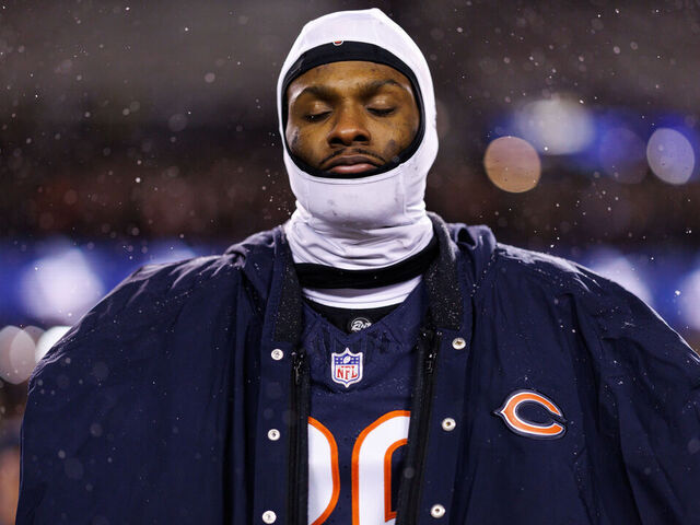 CHICAGO, ILLINOIS - JANUARY 18: Nahshon Wright #26 of the Chicago Bears stands on the sidelines during the national anthem prior to an NFL divisional playoff game against the Los Angeles Rams at Soldier Field on January 18, 2026 in Chicago, Illinois.
