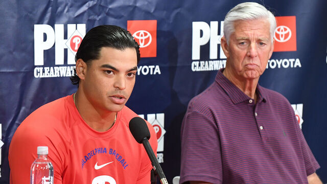 CLEARWATER, FLORIDA - MARCH 10: Jesús Luzardo #44 of the Philadelphia Phillies and Dave Dombrowski, President of Baseball Operations, speak with reporters about Luzardo's five-year, $135M contract extension before a spring training game against the New York Yankees at BayCare Ballpark on March 10, 2026 in Clearwater, Florida.
