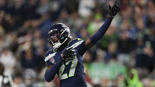 SANTA CLARA, CALIFORNIA - FEBRUARY 08: Riq Woolen #27 of the Seattle Seahawks reacts to a defensive stop against the New England Patriots during the second half of the Super Bowl LX at Levi's Stadium on February 08, 2026 in Santa Clara, California.