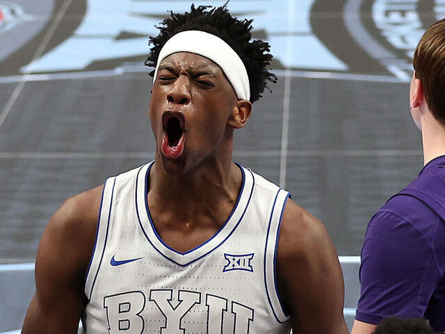 KANSAS CITY, MISSOURI - MARCH 10: AJ Dybantsa #3 of the BYU Cougars reacts after scoring during the first round game of the Men's 2026 Big 12 Tournament against the Kansas State Wildcats at T-Mobile Center on March 10, 2026 in Kansas City, Missouri.
