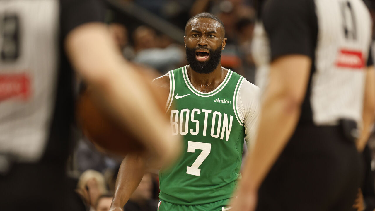 SAN ANTONIO, TX -MARCH 10: Jaylen Brown #7 of the Boston Celtics is ejected after arguing a call against the San Antonio Spurs in the second period at Frost Bank Center on March 10, 2026 in San Antonio, Texas. NOTE TO USER: User expressly acknowledges and agrees that, by downloading and or using this photograph, User is consenting to terms and conditions of the Getty Images License Agreement.