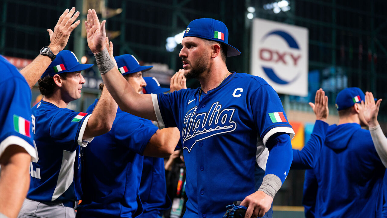 HOUSTON, TEXAS - MARCH 10: Vinnie Pasquantino #9 of Italy reacts to the win following a World Baseball Classic Pool B game between Italy and the United States at Daikin Park on March 10, 2026 in Houston, Texas.