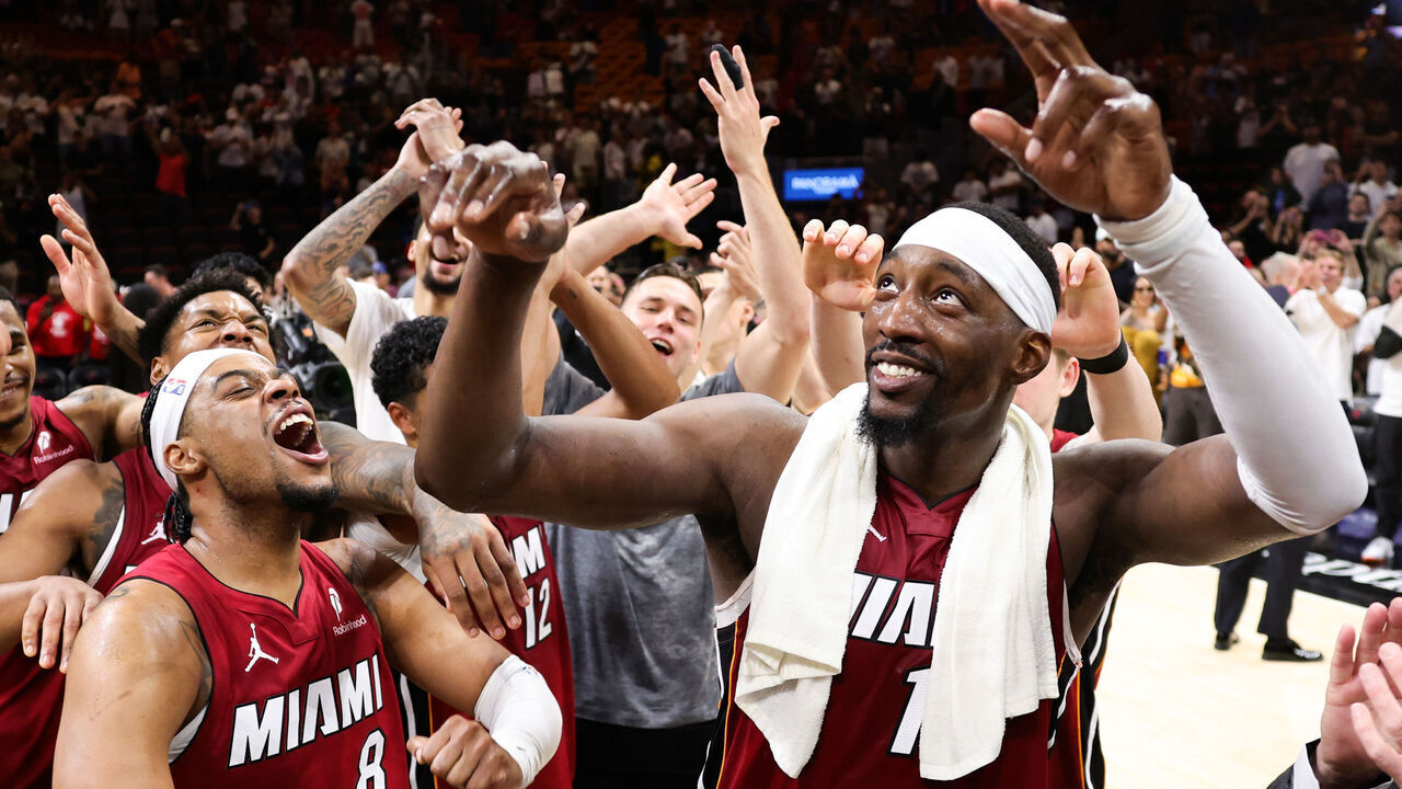 MIAMI, FLORIDA - MARCH 10: Bam Adebayo #13 of the Miami Heat celebrates with teammates after a 150-129 win against the Washington Wizards at Kaseya Center on March 10, 2026 in Miami, Florida. Adebayo passed Kobe Bryant for the second most points scored in an NBA game with 83.