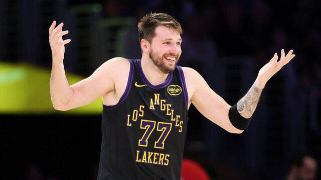 LOS ANGELES, CA - MARCH 10: Lakers guard Luka Doncic shrugs his shoulders in disbelief during the second half against the Timberwolves at Crypto.com Arena in Los Angeles Tuesday, March 10, 2026. (Allen J. Schaben / Los Angeles Times via Getty Images)