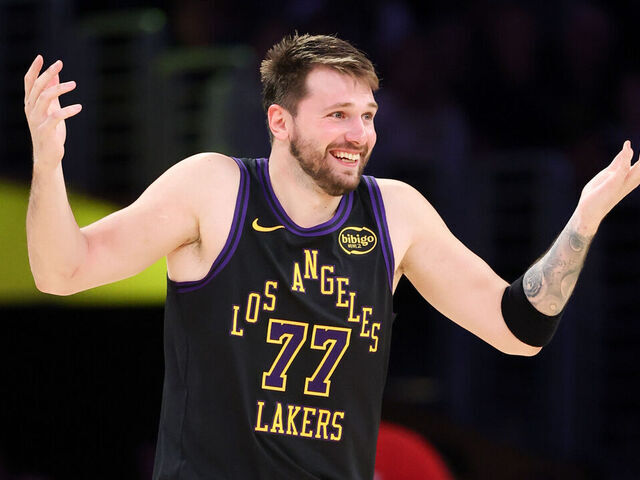 LOS ANGELES, CA - MARCH 10: Lakers guard Luka Doncic shrugs his shoulders in disbelief during the second half against the Timberwolves at Crypto.com Arena in Los Angeles Tuesday, March 10, 2026. (Allen J. Schaben / Los Angeles Times via Getty Images)