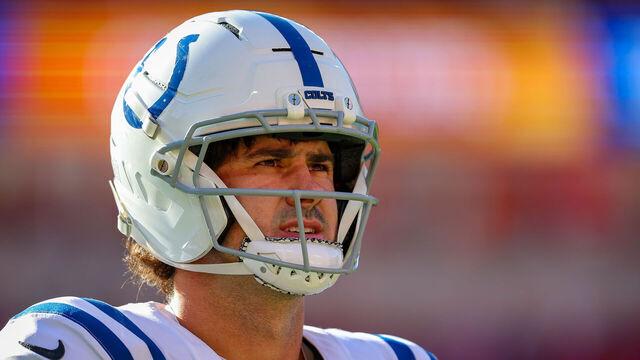 KANSAS CITY, MISSOURI - NOVEMBER 23: Daniel Jones #17 of the Indianapolis Colts warms up before the beginning of the third quarter during the NFL 2025 game between Indianapolis Colts and Kansas City Chiefs at Arrowhead Stadium on November 23, 2025 in Kansas City, United States.