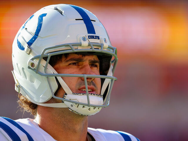 KANSAS CITY, MISSOURI - NOVEMBER 23: Daniel Jones #17 of the Indianapolis Colts warms up before the beginning of the third quarter during the NFL 2025 game between Indianapolis Colts and Kansas City Chiefs at Arrowhead Stadium on November 23, 2025 in Kansas City, United States.