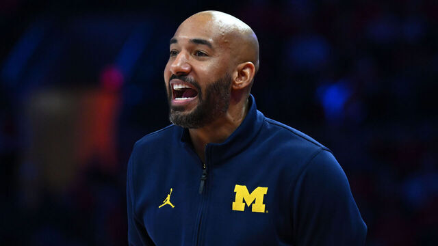 COLUMBUS, OHIO - FEBRUARY 8: Assistant Coach Justin Joyner of the Michigan Wolverines talks to his players in the first half of a game against the Ohio State Buckeyes at Value City Arena on February 8, 2026 in Columbus, Ohio.