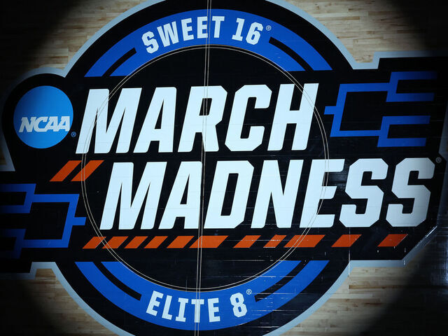 SPOKANE, WASHINGTON - MARCH 30: A general view of March Madness center court logo during the Elite Eight round of the NCAA Women's Basketball Tournament at Spokane Arena on March 30, 2025 in Spokane, Washington.