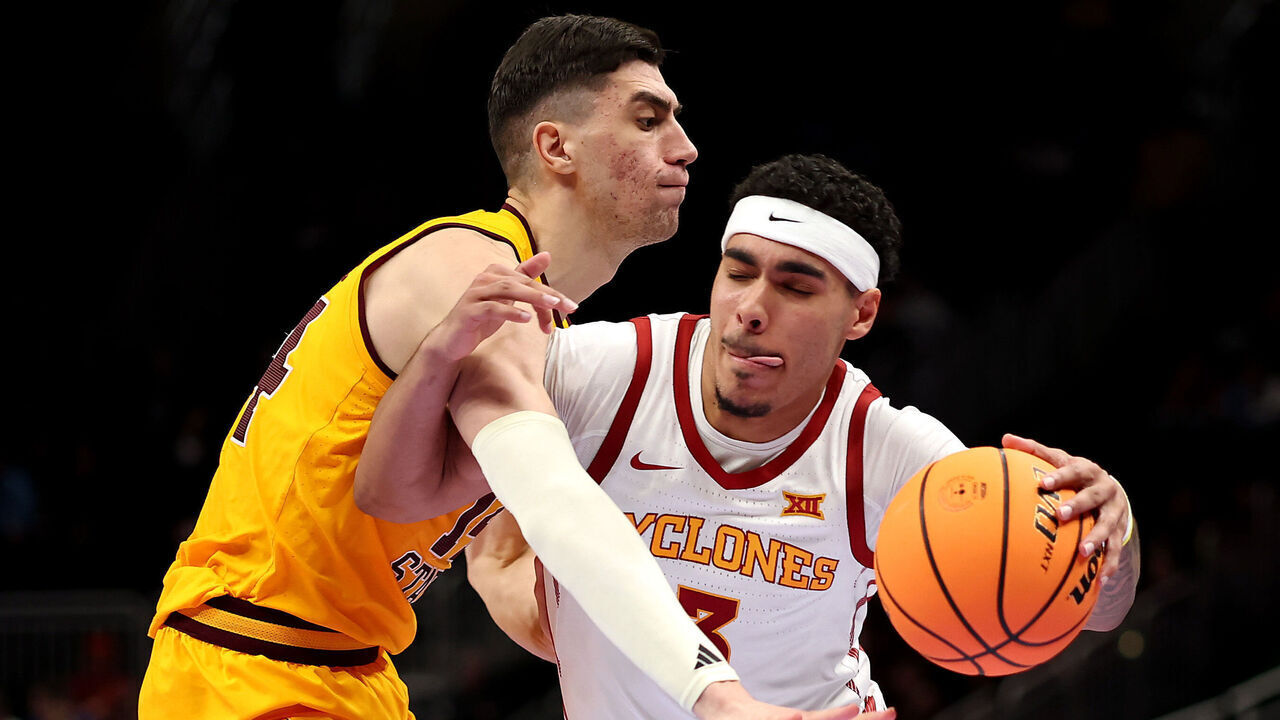 KANSAS CITY, MISSOURI - MARCH 11: Tamin Lipsey #3 of the Iowa State Cyclones drives with the ball as Andrija Grbovic #14 of the Arizona State Sun Devils defends during the second round game of the Men's 2026 Big 12 Tournament at T-Mobile Center on March 11, 2026 in Kansas City, Missouri.