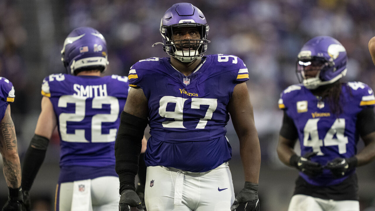 MINNEAPOLIS, MINNESOTA - NOVEMBER 9: Javon Hargrave #97 of the Minnesota Vikings looks on during an NFL football game against the Baltimore Ravens at U.S. Bank Stadium on November 09, 2025 in Minneapolis, Minnesota.