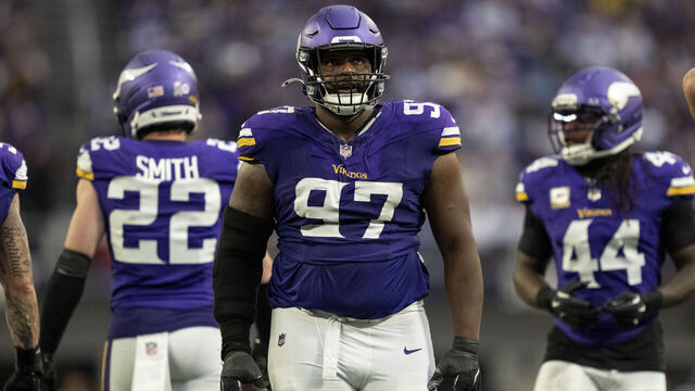 MINNEAPOLIS, MINNESOTA - NOVEMBER 9: Javon Hargrave #97 of the Minnesota Vikings looks on during an NFL football game against the Baltimore Ravens at U.S. Bank Stadium on November 09, 2025 in Minneapolis, Minnesota.
