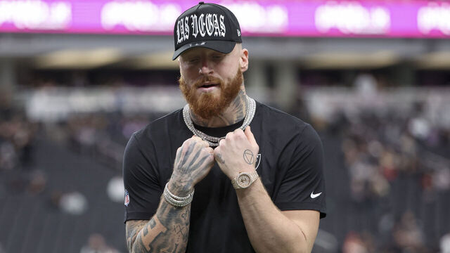 LAS VEGAS, NEVADA - JANUARY 04: Maxx Crosby #98 of the Las Vegas Raiders looks on prior to a game against the Kansas City Chiefs on January 04, 2026 in Las Vegas, Nevada.