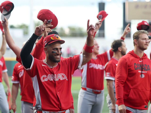SAN JUAN, PUERTO RICO - MARCH 11: Abraham Toro #31 of Team Canada celebrates a 7-2 victory against the Team Cuba after the game during the 2026 World Baseball Classic at Hiram Bithorn Stadium on March 11, 2026 in San Juan, Puerto Rico.