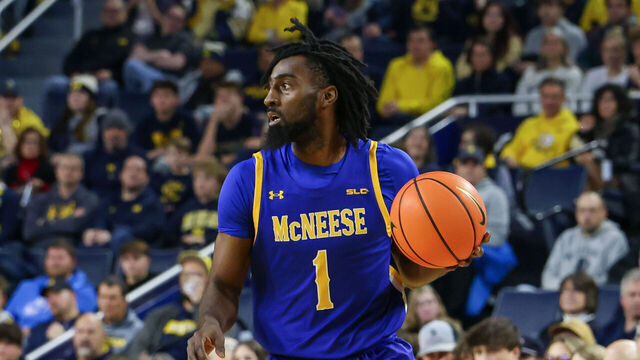 ANN ARBOR, MI - DECEMBER 29: McNeese Cowboys guard Javohn Garcia (1) brings the ball up the court during the first half of a regular season non-conference college basketball game between the McNeese Cowboys and the Michigan Wolverines on November 29 2025 at Crisler Center in Ann Arbor, Michigan.