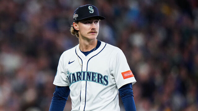 SEATTLE, WA - OCTOBER 17: Bryce Miller #50 of the Seattle Mariners looks on during Game Five of the American League Championship Series presented by loanDepot between the Toronto Blue Jays and the Seattle Mariners at T-Mobile Park on Friday, October 17, 2025 in Seattle, Washington.