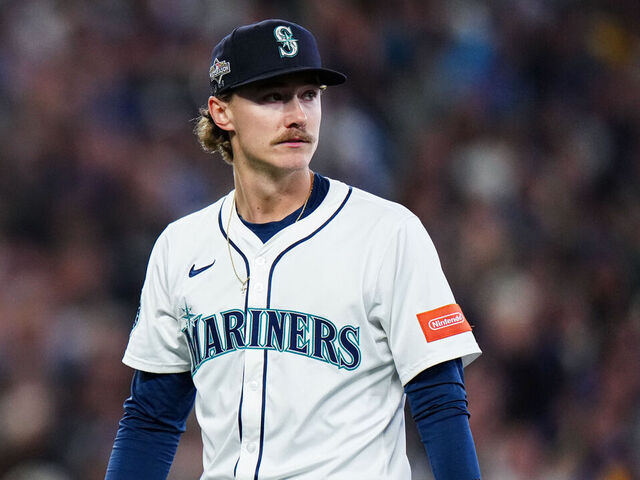 SEATTLE, WA - OCTOBER 17: Bryce Miller #50 of the Seattle Mariners looks on during Game Five of the American League Championship Series presented by loanDepot between the Toronto Blue Jays and the Seattle Mariners at T-Mobile Park on Friday, October 17, 2025 in Seattle, Washington.