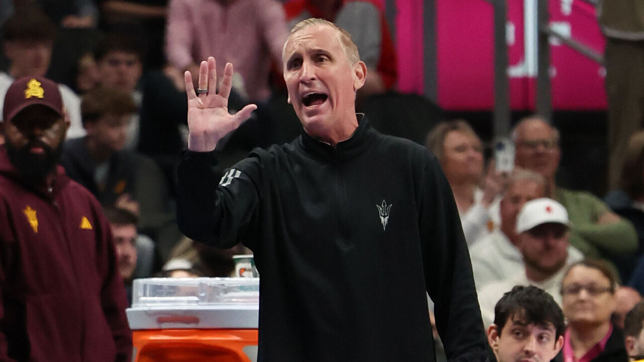 KANSAS CITY, MO - MARCH 11: Arizona State Sun Devils head coach Bobby Hurley yells at his team during a Big 12 game between the Arizona State Sun Devils and the Iowa State Cyclones on March 11, 2026 at T-Mobile Center in Kansas City, MO.