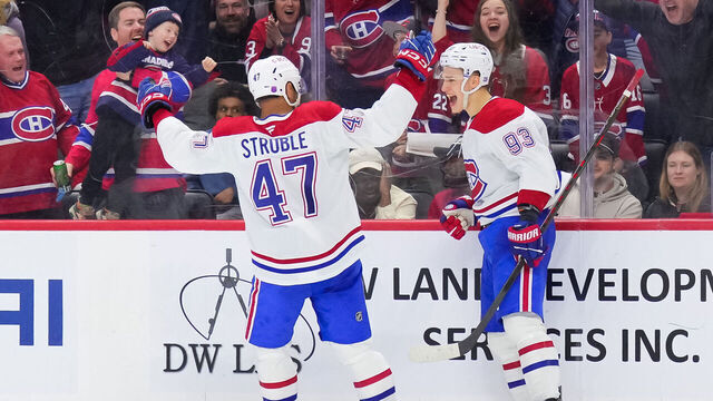 OTTAWA, CANADA - MARCH 11: Ivan Demidov #93 of the Montréal Canadiens celebrates his goal with teammate Jayden Struble #47 in the third period against the Ottawa Senators at Canadian Tire Centre on March 11, 2026 in Ottawa, Ontario, Canada.