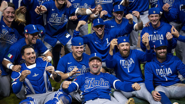 HOUSTON, TEXAS - MARCH 11: Manager Francisco Cervelli #29 of Italy celebrates with his team after defeating Mexico during the 2026 World Baseball Classic - Pool B at Daikin Park on March 11, 2026 in Houston, Texas.