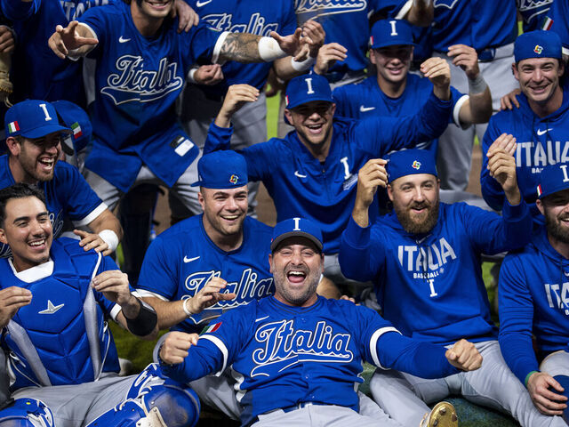 HOUSTON, TEXAS - MARCH 11: Manager Francisco Cervelli #29 of Italy celebrates with his team after defeating Mexico during the 2026 World Baseball Classic - Pool B at Daikin Park on March 11, 2026 in Houston, Texas.