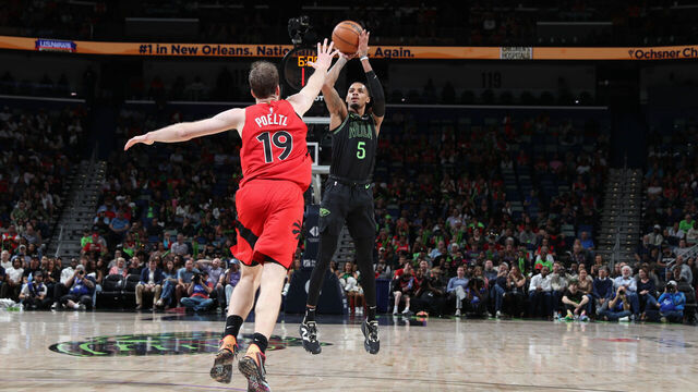 NEW ORLEANS, LA - MARCH 11: Dejounte Murray #5 of the New Orleans Pelicans shoots the ball during the game against the Toronto Raptors on March 11, 2026 at the Smoothie King Center in New Orleans, Louisiana. Mandatory Copyright Notice: Copyright 2026 NBAE