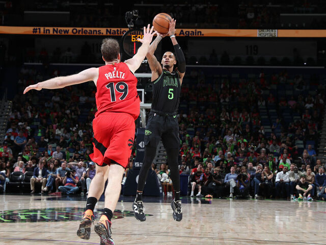 NEW ORLEANS, LA - MARCH 11: Dejounte Murray #5 of the New Orleans Pelicans shoots the ball during the game against the Toronto Raptors on March 11, 2026 at the Smoothie King Center in New Orleans, Louisiana. Mandatory Copyright Notice: Copyright 2026 NBAE
