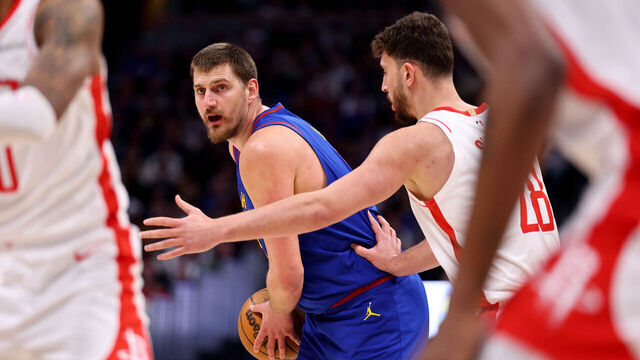 DENVER, COLORADO - MARCH 11: Nikola Jokic #15 of the Denver Nuggets looks for an opening in the Houston Rockets defense in the first quarter at Ball Arena on March 11, 2026 in Denver, Colorado. NOTE TO USER: User expressly acknowledges and agrees that, by downloading and/or using this Photograph, user is consenting to the terms and conditions of the Getty Images License Agreement.