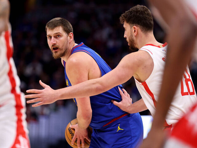 DENVER, COLORADO - MARCH 11: Nikola Jokic #15 of the Denver Nuggets looks for an opening in the Houston Rockets defense in the first quarter at Ball Arena on March 11, 2026 in Denver, Colorado. NOTE TO USER: User expressly acknowledges and agrees that, by downloading and/or using this Photograph, user is consenting to the terms and conditions of the Getty Images License Agreement.