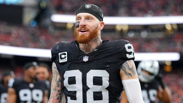 LAS VEGAS, NEVADA - DECEMBER 07: Maxx Crosby #98 of the Las Vegas Raiders walks on the sideline before a game against the Denver Broncos at Allegiant Stadium on December 07, 2025 in Las Vegas, Nevada.
