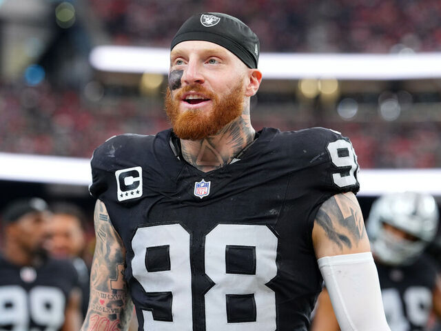 LAS VEGAS, NEVADA - DECEMBER 07: Maxx Crosby #98 of the Las Vegas Raiders walks on the sideline before a game against the Denver Broncos at Allegiant Stadium on December 07, 2025 in Las Vegas, Nevada.