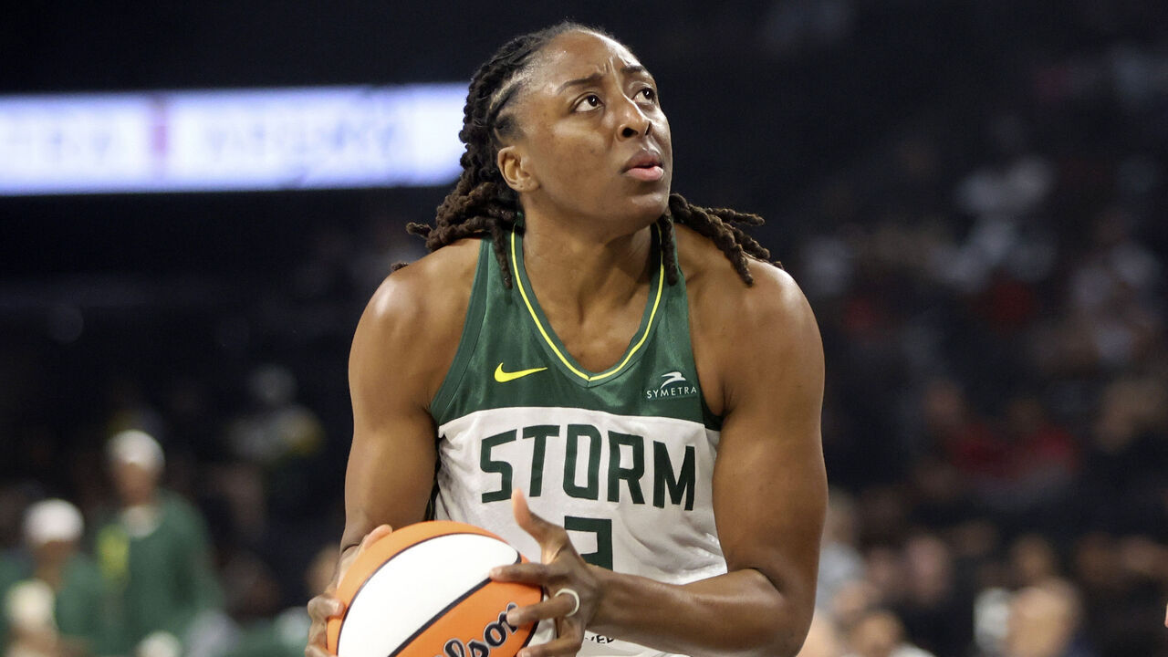LAS VEGAS, NEVADA - SEPTEMBER 18: Nneka Ogwumike #3 of the Seattle Storm looks to shoot against the Las Vegas Aces in the first quarter of a game of Game Three of the 2025 WNBA Playoffs first round at Michelob ULTRA Arena on September 18, 2025 in Las Vegas, Nevada.