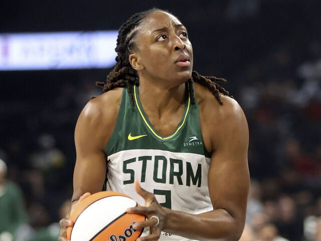 LAS VEGAS, NEVADA - SEPTEMBER 18: Nneka Ogwumike #3 of the Seattle Storm looks to shoot against the Las Vegas Aces in the first quarter of a game of Game Three of the 2025 WNBA Playoffs first round at Michelob ULTRA Arena on September 18, 2025 in Las Vegas, Nevada.