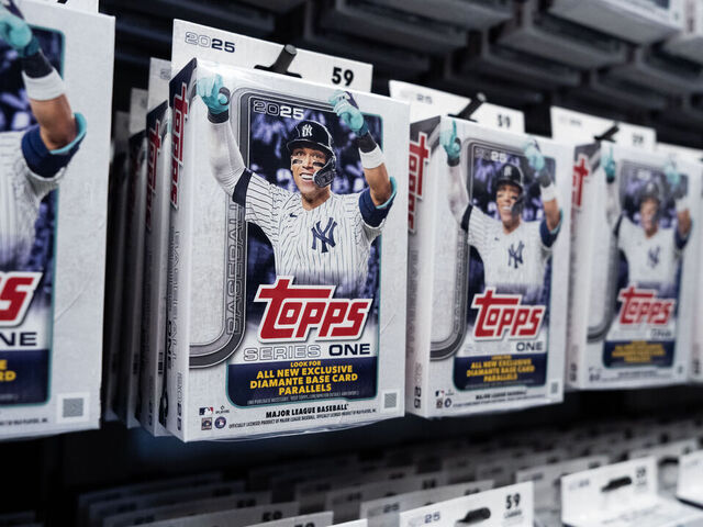 UNITED STATES - MARCH 11: Topps baseball cards featuring the Yankees' Aaron Judge, are seen during the Washington Nationals media preview day at Nationals Park on Friday, March 21, 2025. (Tom Williams/CQ-Roll Call, Inc via Getty Images)