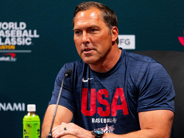 HOUSTON, TEXAS - MARCH 05: Manager Mark DeRosa #9 of Team USA talks to media during 2026 World Baseball Classic Pool B Workouts at Daikin Park on March 05, 2026 in Houston, Texas.