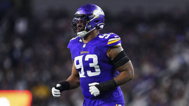 ARLINGTON, TX - DECEMBER 14: Jonathan Allen #93 of the Minnesota Vikings looks on from the field during an NFL football game against the Dallas Cowboys at AT&T Stadium on December 14, 2025 in Arlington, Texas.