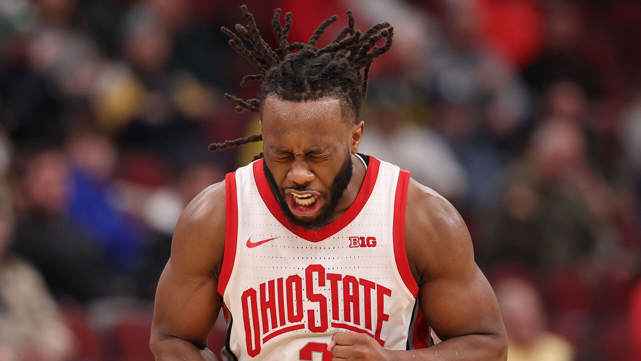 CHICAGO, ILLINOIS - MARCH 12: Bruce Thornton #2 of the Ohio State Buckeyes celebrates a three pointer against the Iowa Hawkeyes in the second half during the third round of the 2026 Big Ten Men's Basketball Tournament at the United Center on March 12, 2026 in Chicago, Illinois.