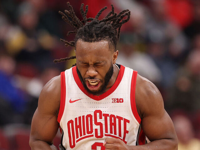 CHICAGO, ILLINOIS - MARCH 12: Bruce Thornton #2 of the Ohio State Buckeyes celebrates a three pointer against the Iowa Hawkeyes in the second half during the third round of the 2026 Big Ten Men's Basketball Tournament at the United Center on March 12, 2026 in Chicago, Illinois.