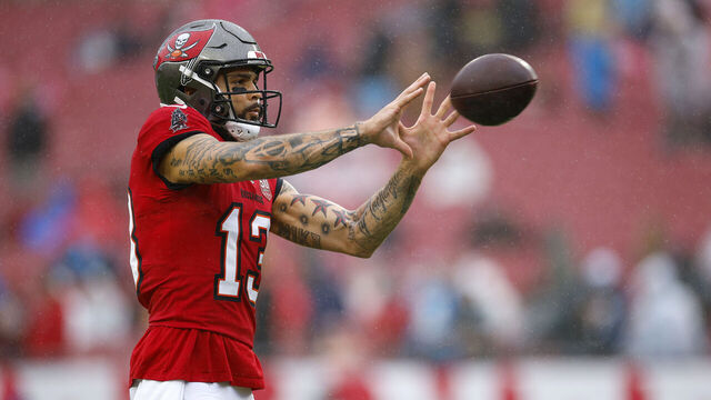 TAMPA, FLORIDA - JANUARY 03: Mike Evans #13 of the Tampa Bay Buccaneers warms up prior to the game against the Carolina Panthers during a game at Raymond James Stadium on January 03, 2026 in Tampa, Florida.