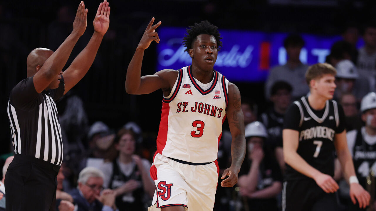 NEW YORK, NEW YORK - MARCH 12: Joson Sanon #3 of the St. John's Red Storm reacts during the first half of the 2026 Big East Men's Tournament - Quarterfinal game against the Providence Friars at Madison Square Garden on March 12, 2026 in New York City.