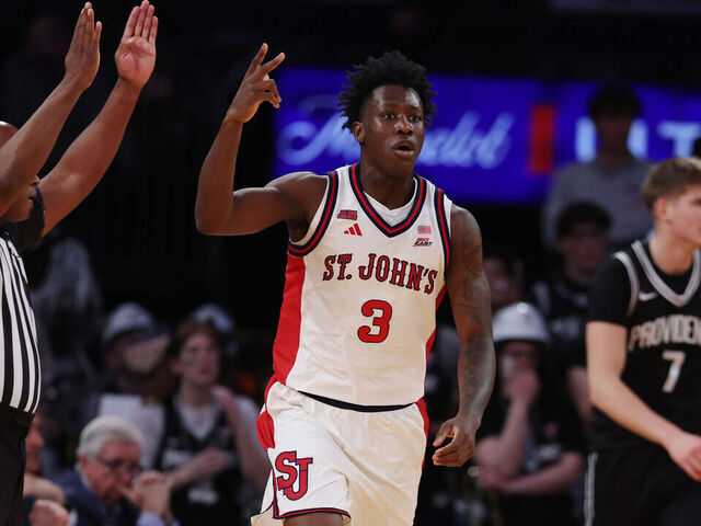 NEW YORK, NEW YORK - MARCH 12: Joson Sanon #3 of the St. John's Red Storm reacts during the first half of the 2026 Big East Men's Tournament - Quarterfinal game against the Providence Friars at Madison Square Garden on March 12, 2026 in New York City.