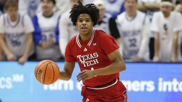 PROVO, UT - MARCH 7: Christian Anderson #4 of the Texas Tech Red Raiders rushes the ball up the court during the first half of their game against the Brigham Young Cougars at the Marriott Center on March 7, 2026 in Provo, Utah.
