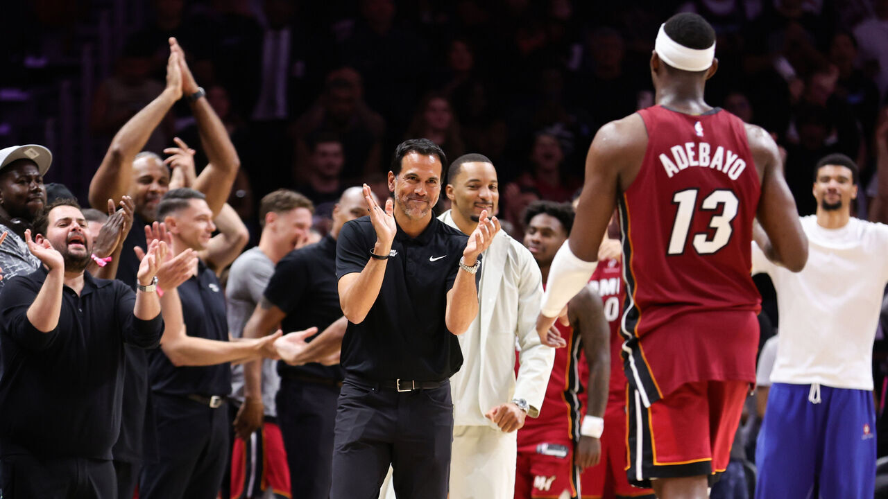 MIAMI, FLORIDA - MARCH 10: Head coach Erik Spoelstra of the Miami Heat celebrates as Bam Adebayo #13 leaves the game during the fourth quarter against the Washington Wizards at Kaseya Center on March 10, 2026 in Miami, Florida. Adebayo passed Kobe Bryant for the second most points scored in an NBA game with 83 in the 150-129 win.
