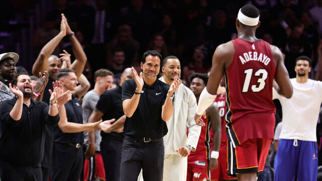 MIAMI, FLORIDA - MARCH 10: Head coach Erik Spoelstra of the Miami Heat celebrates as Bam Adebayo #13 leaves the game during the fourth quarter against the Washington Wizards at Kaseya Center on March 10, 2026 in Miami, Florida. Adebayo passed Kobe Bryant for the second most points scored in an NBA game with 83 in the 150-129 win.