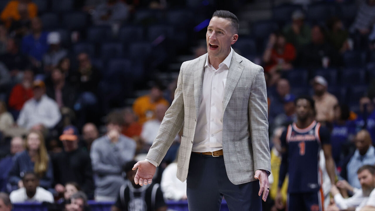 NASHVILLE, TN - MARCH 12: Auburn Tigers head coach Steven Pearl reacts to a call on the sideline during a second round game of the SEC Tournament between the Tennessee Volunteers and Auburn Tigers, March 12, 2026 at Bridgestone Arena in Nashville, Tennessee.