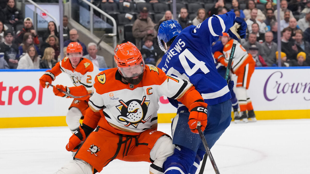 TORONTO, CANADA - MARCH 12: Radko Gudas #7 of the Anaheim Ducks takes a kneeing penalty against Auston Matthews #34 of the Toronto Maple Leafs in the second period at Scotiabank Arena on March 12, 2026 in Toronto, Ontario, Canada.