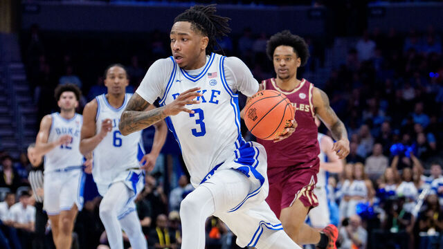CHARLOTTE, NORTH CAROLINA - MARCH 12: Isaiah Evans #3 of the Duke Blue Devils brings the ball up court in the first half against the Florida State Seminoles during the quarterfinals of the men's ACC Tournament at Spectrum Center on March 12, 2026 in Charlotte, North Carolina.
